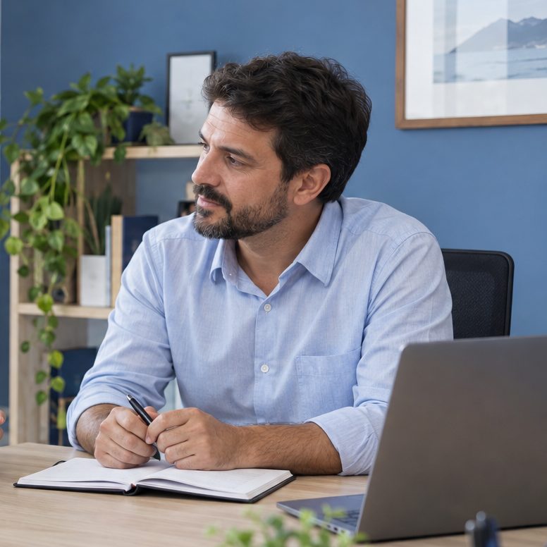 Imagem ilustrativa de um homem fazendo anotações em um caderno durante uma reunião de trabalho.