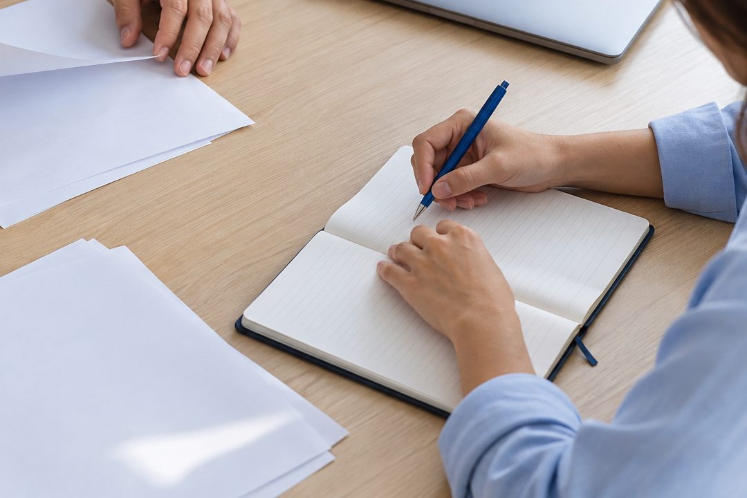 Imagem ilustrativa de mãos organizando documentos e anotações sobre uma mesa.