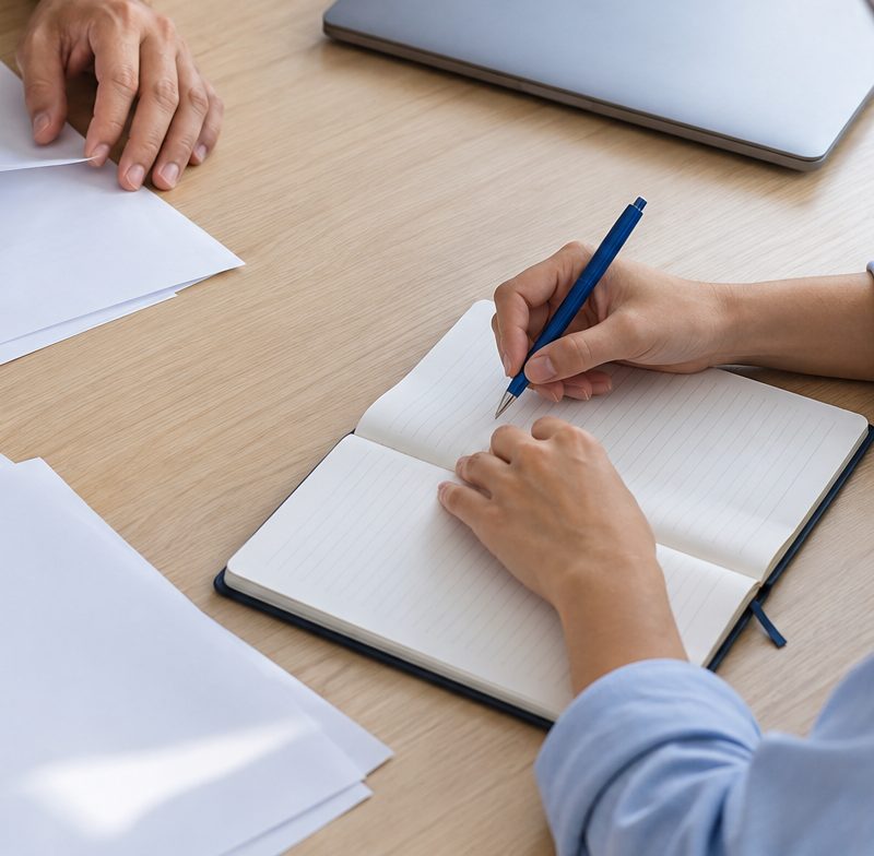 Imagem ilustrativa de mãos organizando documentos e anotações sobre uma mesa.
